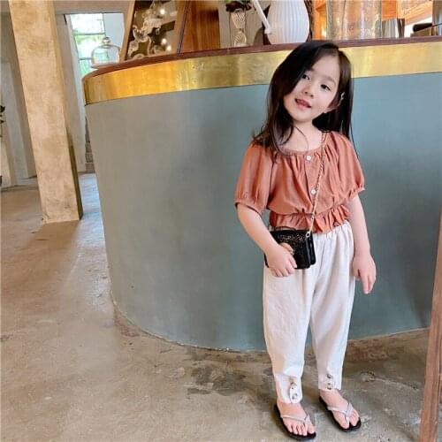 2 3 4 5 6 7 Y Baby Girls Clothing Set Korean Ruffles Button Shirts Pants Kids Korean 2pcs Set for Girl Summer Child Clothes Suit