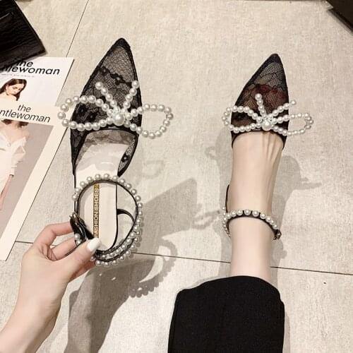 Exquisite And Elegant Pearl Bowknot Ladies Sandals, Breathable Mesh Pointed Toe Stilettos, Hot-Selling Wedding Shoes In Summer