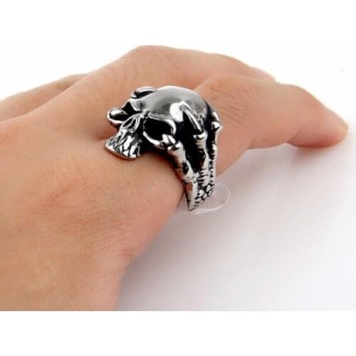 Mens Punk Biker Silver color 316L Stainless Steel Skull Demon Skeleton Claw Biker Ring