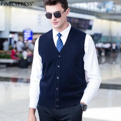 100% Pure Wool Men Sleeveless Cardigan Sweater Knitting Navy Gren Red Knitwear Male V-Neck Casual Man Knitted Woolen Vest