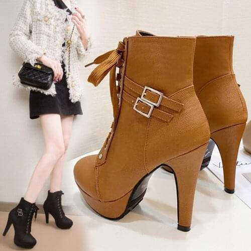 Fashion XL Ankle Boots Womens Platform High Heels Women Lace Up Women Shoelaces Buckles Women Short Boots Women Shoes 35-43
