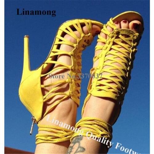 Linamong New Women Yellow Suede Stiletto Heel Gladiator Sandals Thin Straps Cross High Heel Sandals Formal Dress Shoes Heels