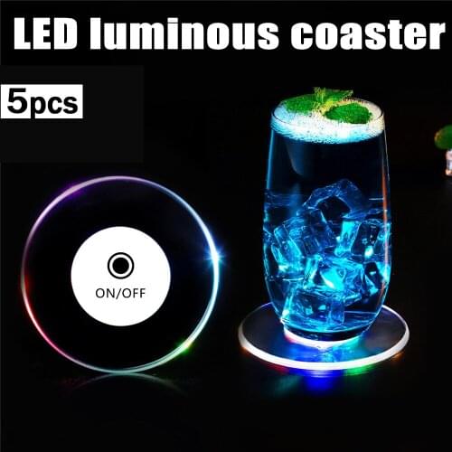 5Pcs 10CM Acrylic LED Flashing Coasters Light Up Cocktail Wine Glass Cup Mat for Xams Bar Event Holiday Wedding Party Decoration