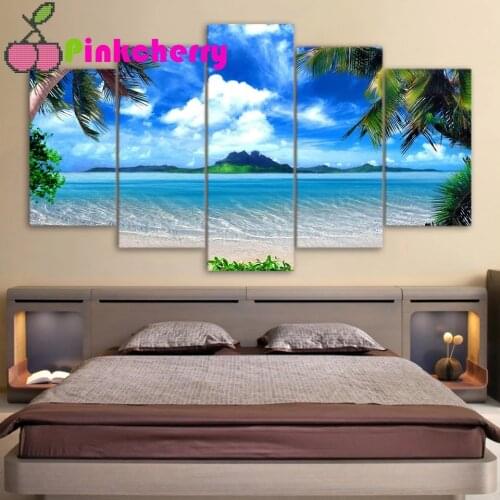 5D Diy Diamond Embroidery,Beach Blue Palm Tree,Full Square Round Diamond Painting Cross Stitch,Rhinestone Mosaic 5 Pieces k1238