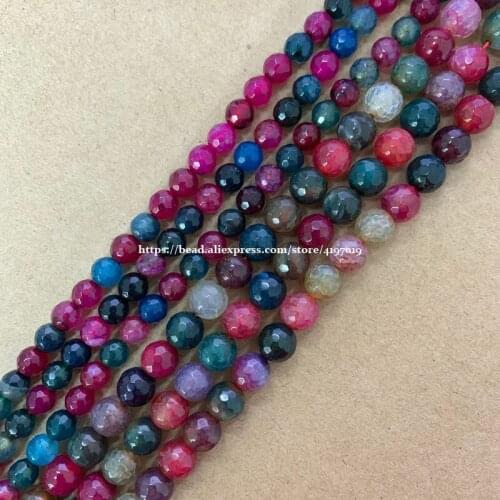 Free Shipping Natural Stone Mixed Colors Faceted Agates Round Loose Beads 15" Strand 6 8 10 12MM Pick Size For Jewelry
