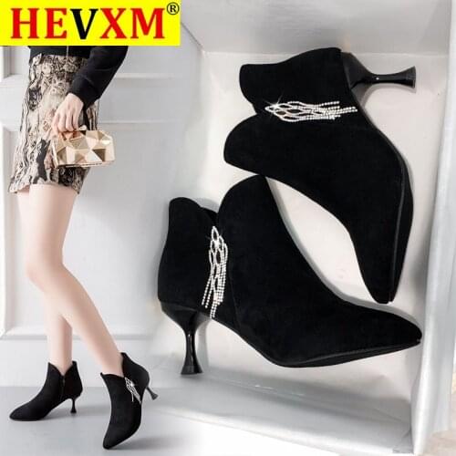 Big Size 32-45 Kid Suede Women Ankle Boots Zip Short Plush Boot Crystal Pointed Toe Ladies Shoes High Heels Footwear Black