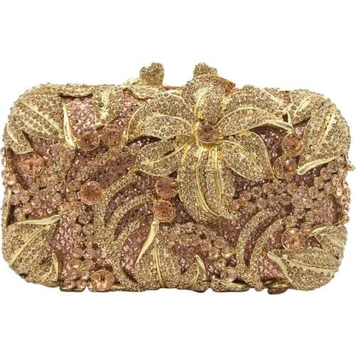 Boutique De FGG Women Champagne Evening Purses and Handbags Wedding Party Dinner Crystal Flower Clutch Bags Minaudiere Bag