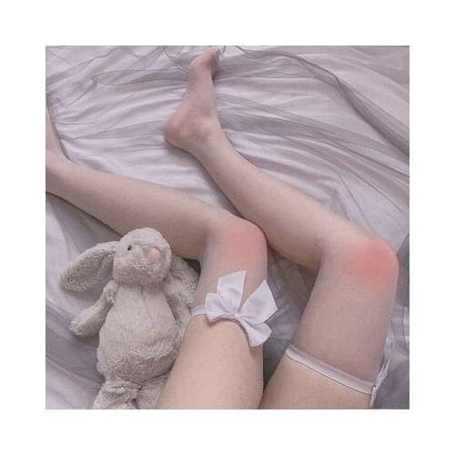 Kawaii Black White Bow Sexy Suspender High Tube Transparent Lingerie Stockings Pure Lovely Bow Over Knee Silk Stockings