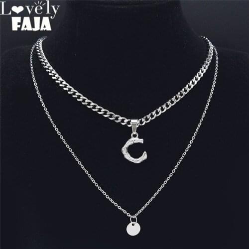 2PCS Letter C Double Layer Stainless Steel Long Pendant Necklace for Women/Men Jewelry 2021 Collier Multi Rang NK94S03