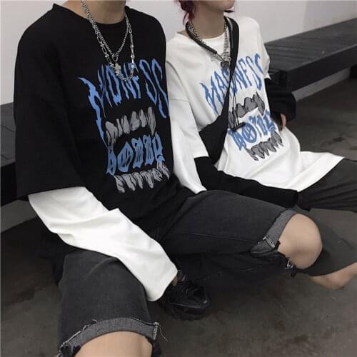 Maxxo High Street Dark Stitching Sleeves Fake Two Striped Long-Sleeved T-Shirt Couples Goth Oversized Women Emo Kpop Urban Tops
