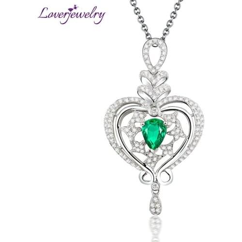Pear 5x7mm Solid 18Kt White Gold Diamond Emerald Wedding Pendant Necklace Loving Gem Jewelry for Girlfriend WP068