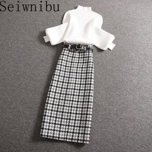 Seiwnibu Knitted suit women autumn winter 2020 new fashion mature temperament foreign style thin plaid skirt two piece set