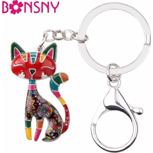 Bonsny Metal Enamel Cat Kitten Key Chain Keychains Rings For Women Girls Gifts Handbag Pendant Animal Jewelry Car New Decoration