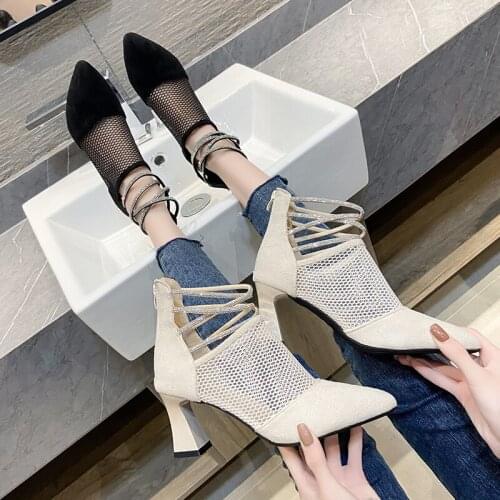 Sweet Rhinestone Mesh Comfortable Ladies Sandals Summer Fashion Hot Sale Sexy Solid Color Square Heel Elegant High Heels