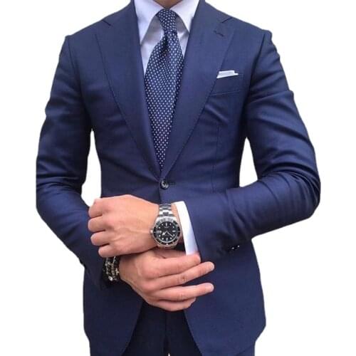 Navy Blue Mens Suits Slim Fit 2 Pieces ( Jacket Pants ) Formal Business Blazer Wedding Groom Tuxedo Male Dress Fashion Customize