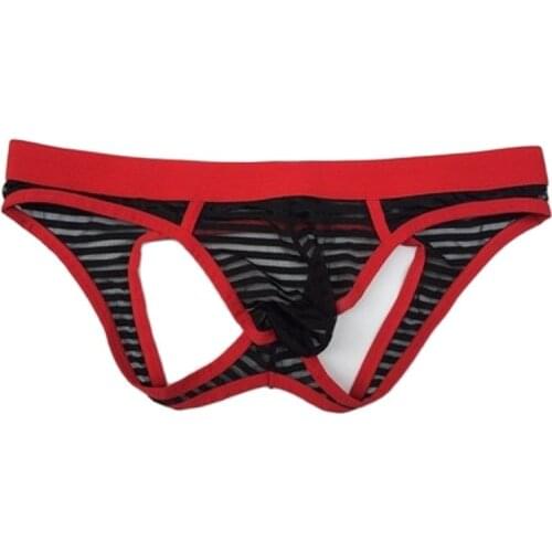 Mens Briefs Triangle Stripe Show Hollow-Out Sex Translucent Breathable Fad Unershorts Open Crotch Exposed Buttocks Underpants