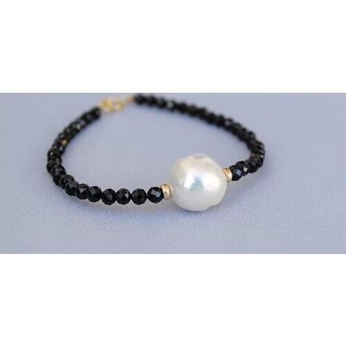 Natural Black agate 2-3mm White Kasumi 10-11MM Pearl Single Strand Bracelet 925 sterling silver clasp
