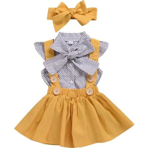 2019 New Summer Cute Toddler Infant Baby Girls Yellow Dot Print Tops Sleeveless T Shirt Strap Skirt Outfits Girls Clothes Set