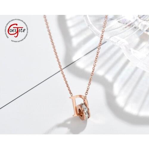 Goxijite Fashionable Women Sparkling Square Diamond Necklace Stainless Steel Letter D and Stone Ring Necklaces Jewelry Gift