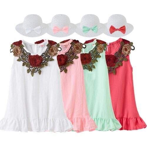 New 2020 Summer Little Girls Cute Flower Decor Ruffles O-neck A-line Dress with Hat Kids Baby Girls Sleeveless Princess Dresses
