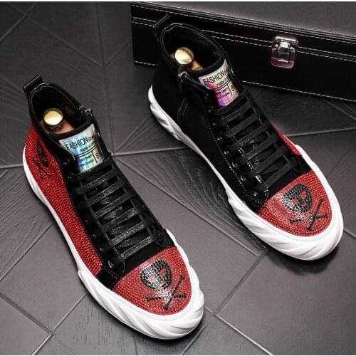 Luxury designer Graffiti pirate skull rhinestones high tops shoes Causal Flats Moccasins Male Rock hip hop shoes For Man
