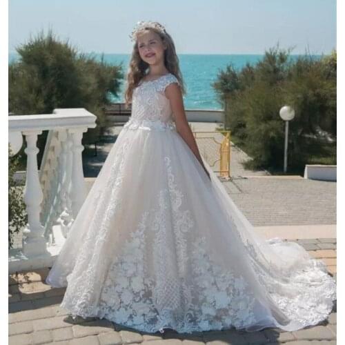 Luxury Puffy Flower Girls Dresses for Wedding Lace Appliques 3D Floral Girls Pageant Gown First Communion Dress