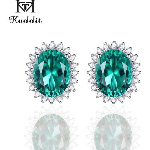 Kuololit Solid 925 Sterling Silver Stud Earrings For Women Emerald Gemstone Oval Diana Earrings Elegant Engagement Wedding Gift