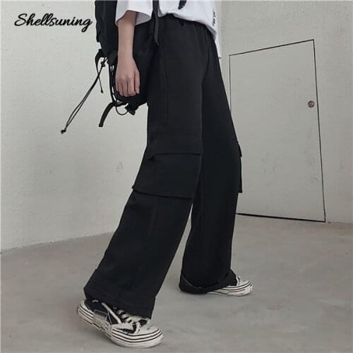 Shellsuning 2021 New Hip Hop Women Cargo Pants Harajuku Loose Wide Leg Straight Mopping Pocket Cargo Pants Streetwear Women