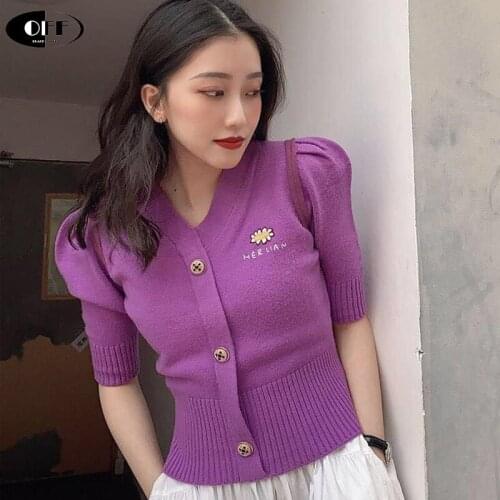 Sexy V Neck Cropped Tank Tops Women short sleeve Purple Slim Button Knit stretch tops clothes women