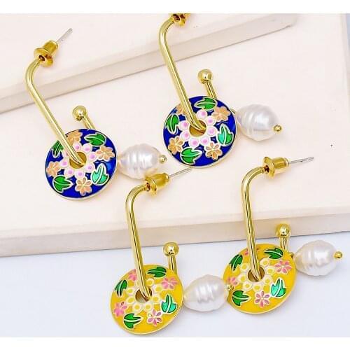 Vintage Long Geometric Flower Huggie Drop Earrings for Women Bohemian Round Pearl Statement Dangle Earrings Party Enamel Jewelry