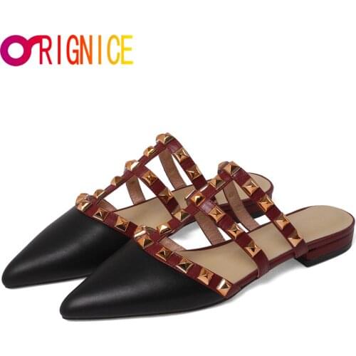 Orignice Rivet Stud T-Strap Gladiator Sandals Women Chic Flats Pointed Toe New Brand Sexy Mules Slippers Female Spring Slides