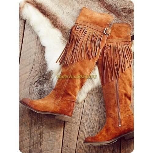Tassel Low Heel Suede Boots Over The Knee Slio On Winter Women Flock Brown Black Grey Rome Boots Belt Buckle Ladies Long Boots
