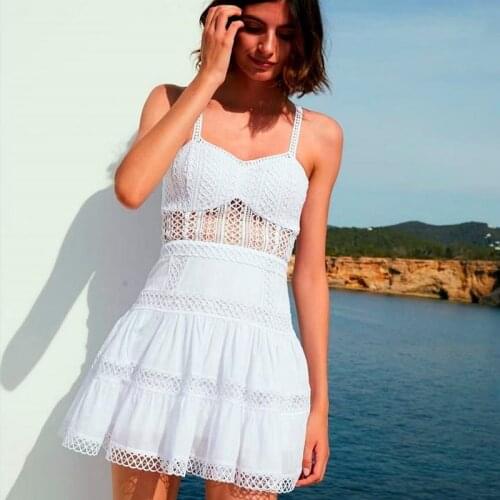 2021 Summer New Arrive Sexy Women Mini Dress Hollow Out Water Soluble Lace Embroidery Solid Color Slip Dress