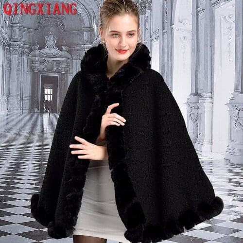 Winter Faux Rabbit Fur Neck Cloak With Hat Cashmere Warm Thick Coat 2019 Poncho Women Solid Cape Big Pendulum Dovetail Cardigan