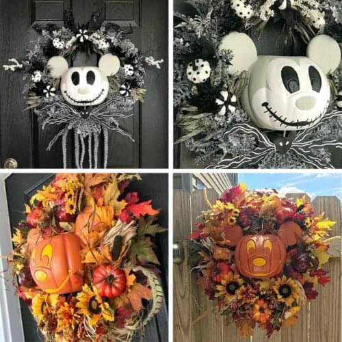 35CM Mouse Pumpkin Autumn Halloween Wreath Cartoon Yellow Black Wreath Door Hanging Wreath Home Garden Halloween Decoration