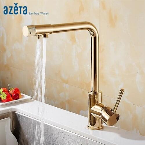 Azeta Gold Brass Kitchen Faucets 360 Rotation Kitchen Mixer Tap Kitchen 3 Way Faucet Water Purification Kitchen Sink Tap AT9308G