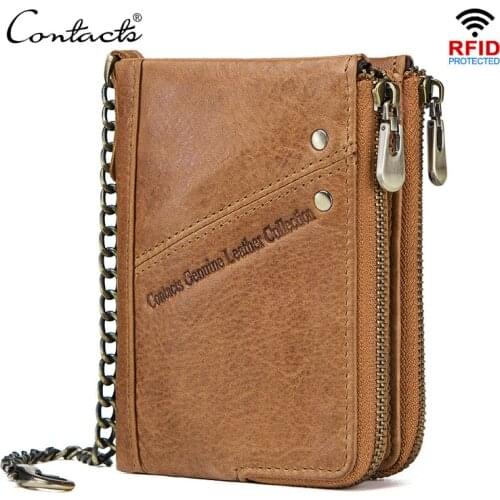 CONTACTS genuine leather men RFID wallet with Anti theft Chain card holders male short wallet Double zipper coin purse vintage