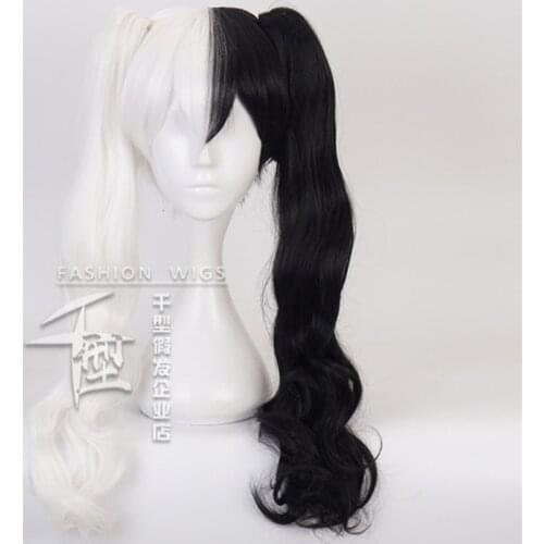 Danganronpa Monokuma Women Long Ver. White Black Mix Ponytails Curly Wig Cosplay Costume Heat Hair Wigs + Wig Cap
