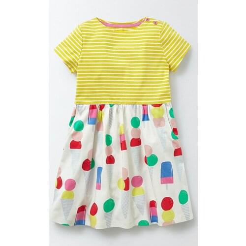 Little Maven New Summer Kids Lovely Short Yellow Striped Icecream Patchwork O-neck Knitted Cotton Girls Fashion Casual Dresses