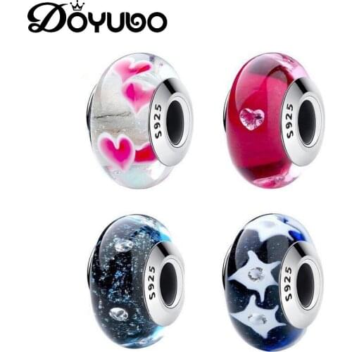 DOYUBO Womens 100% Sterling Silver Glass Beads TO Fit Charms Snake Bracelet Authentic 925 Silver DIY Beads Jewelry AK001