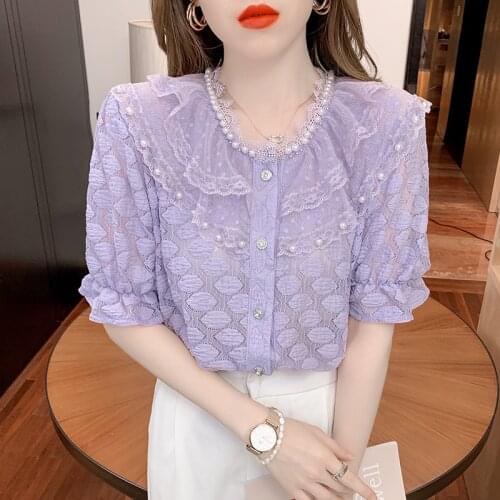 Elegant Womens Blouse Lace Beaded Short Sleeve Chiffon Shirt Ruffle Lantern Sleeve Top Womens Tops and Blouses
