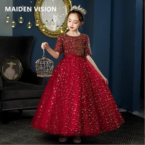 Red Christmas Kids Dresses For Party Wedding Dress Gorgeous Sequins Beaded Velvet Children Girl Pageant Gown baby Girl costume