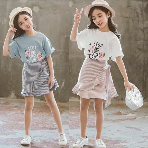 Summer Girls Clothing Sets Flower Pattern Fashion Suit For Girl Shirt + Stripe Skirt 2 Pcs Clothes Set Kids Birthday Present