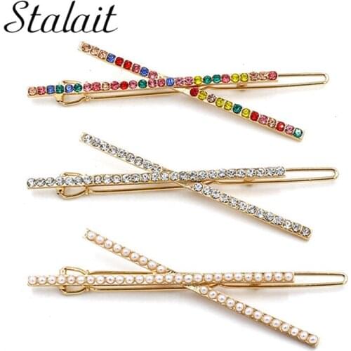 Minimalist Crystal Fresh Pearl Hair Clips X Shape For Women Girl Glass Colorful Rhinestone Hairpins Gold Color Accessories