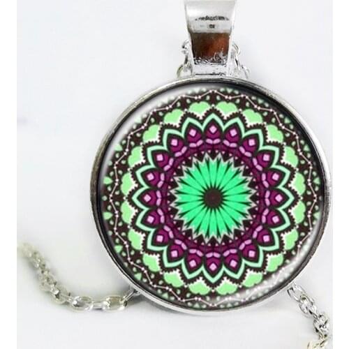 Fashion Charms mandala Flower Necklace Men Women Yoga Vintage Jewelry Henna Tattoo Glass Pendant Colares Femme