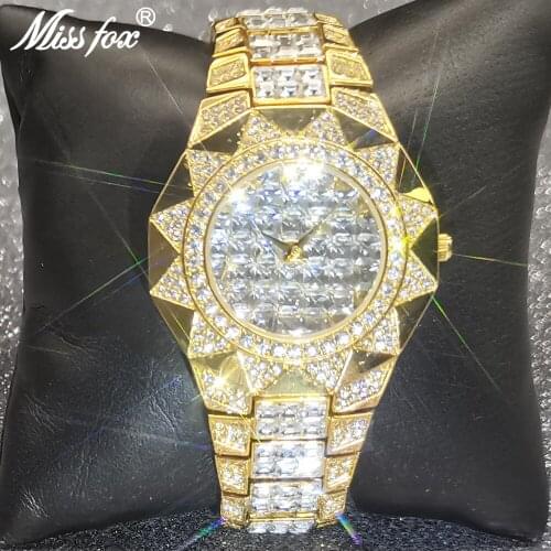 Hip Hop MISSFOX Mens Gold Watches Luxury Quartz Wrist Watches With Micro Pave Diamond Stainless Steel Bling Male Jewelry Clocks
