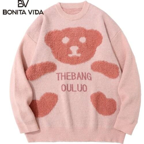 Bonita Vida Sweaters Harajuku Embroidery Cartoon Bear Knitted Jumpers Streetwear Hip Hop Mens Casual Loose Knitwear Tops