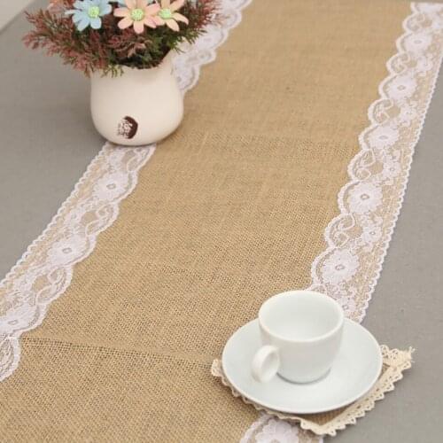 Natural Retro Table Runner Linen Jute Lace Table Cloth Tablecloth Kitchen DIY Art Christmas Party Hotel Home Decoration