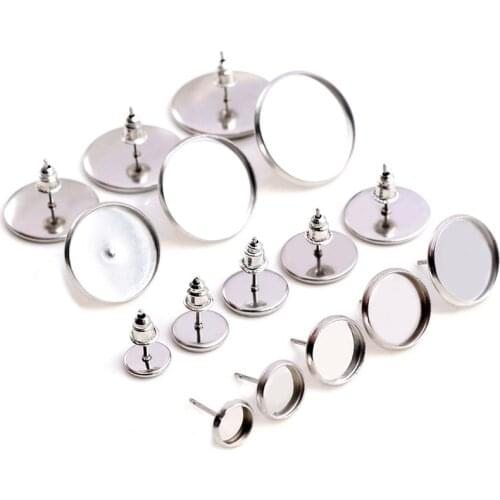Never Fade) 6/8/10/12/14/16/18/20mm Stainless Steel Earring Base Studs Ear Cameo Settings Cabochon Base Tray Blank (With Back)