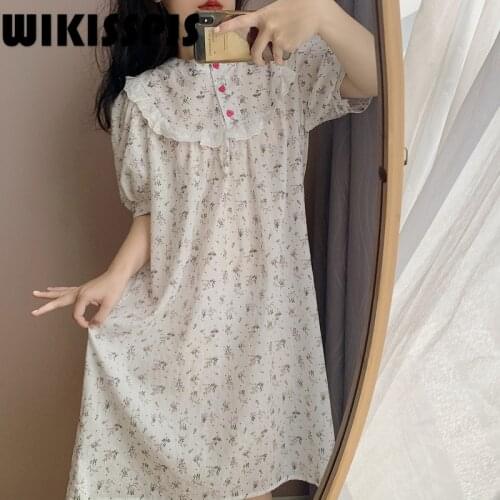 2021 Summer New Product Sweet Princess Style Bubble Sleeve Floral Dress Short Sleeve Cotton Home Clothes Women Sleepwear